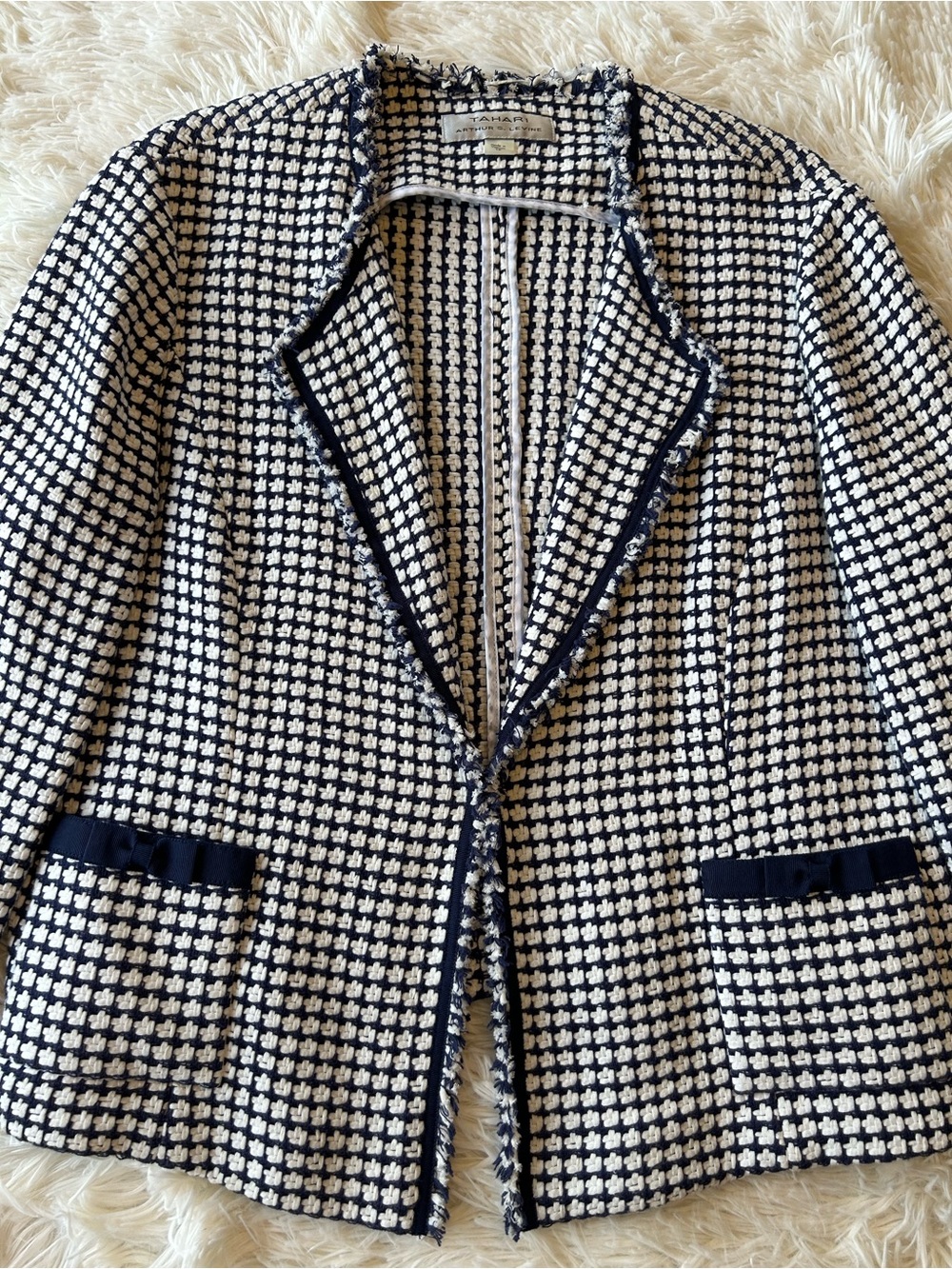 Tahari | White & Navy Blue Cotton Tweed Blazer